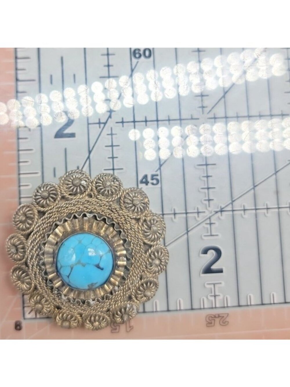 Faux Turquoise Silver Plated Brooch Pendant Blue Glass Filigree Setting Vintage - Picture 5 of 16